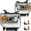 Headlight Assembly Compatible with GMC Sierra 2014-2018 1500 | 2015-2019 2500HD/3500HD Base/Denali/SLE/SLT, Halogen Headlamp Replacement W/O LED DRL, With Bulbs, Chrome Housing Amber Reflector