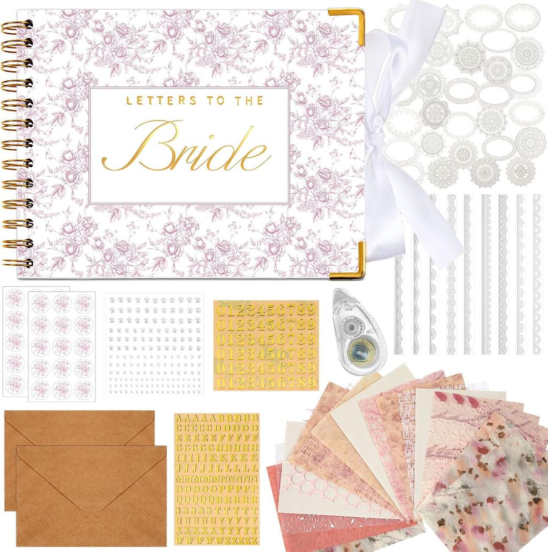 Humyoun Wedding Guest Book Letters to The Bride Scrapbook Wedding Memory Book Bridal DIY Blank Paper Scrapbook Photo Album Guest Sign with Pearl Stickers(8.5 x 7 Inch,Floral,Pink)