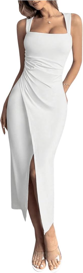 SOLY HUX Women's Bodycon Midi Dress Casual Sleeveless Square Neck Ruched Wrap Split Long Dresses (Medium, Plain White)