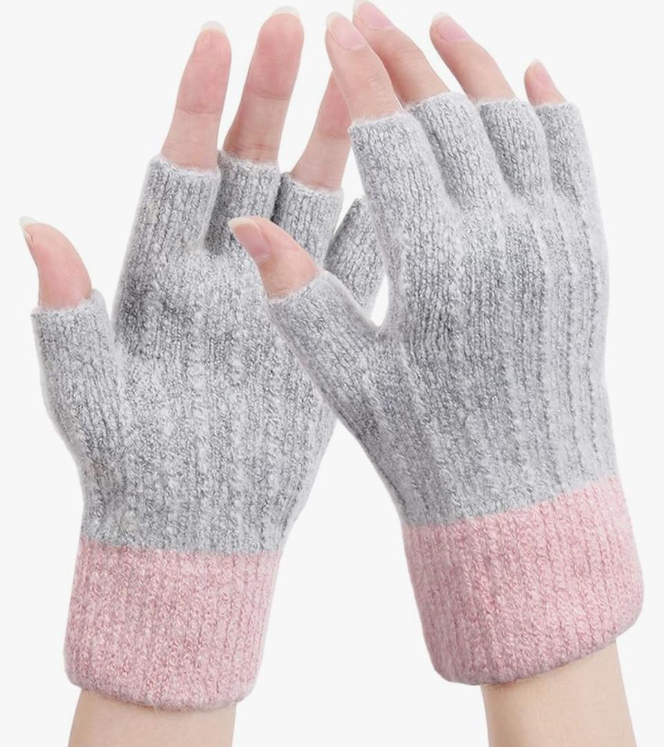 Women Winter Fingerless Gloves Pink Gray Warm Knitted Half Finger Mittens Fleece Lined Thermal Fingerless Gloves for Cold Weather Typing Driving Working