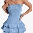 WDIRARA Women's Strapless Layered Ruffle Denim Dress Bandeau Slim Fit Mini Dresses, Blue, S