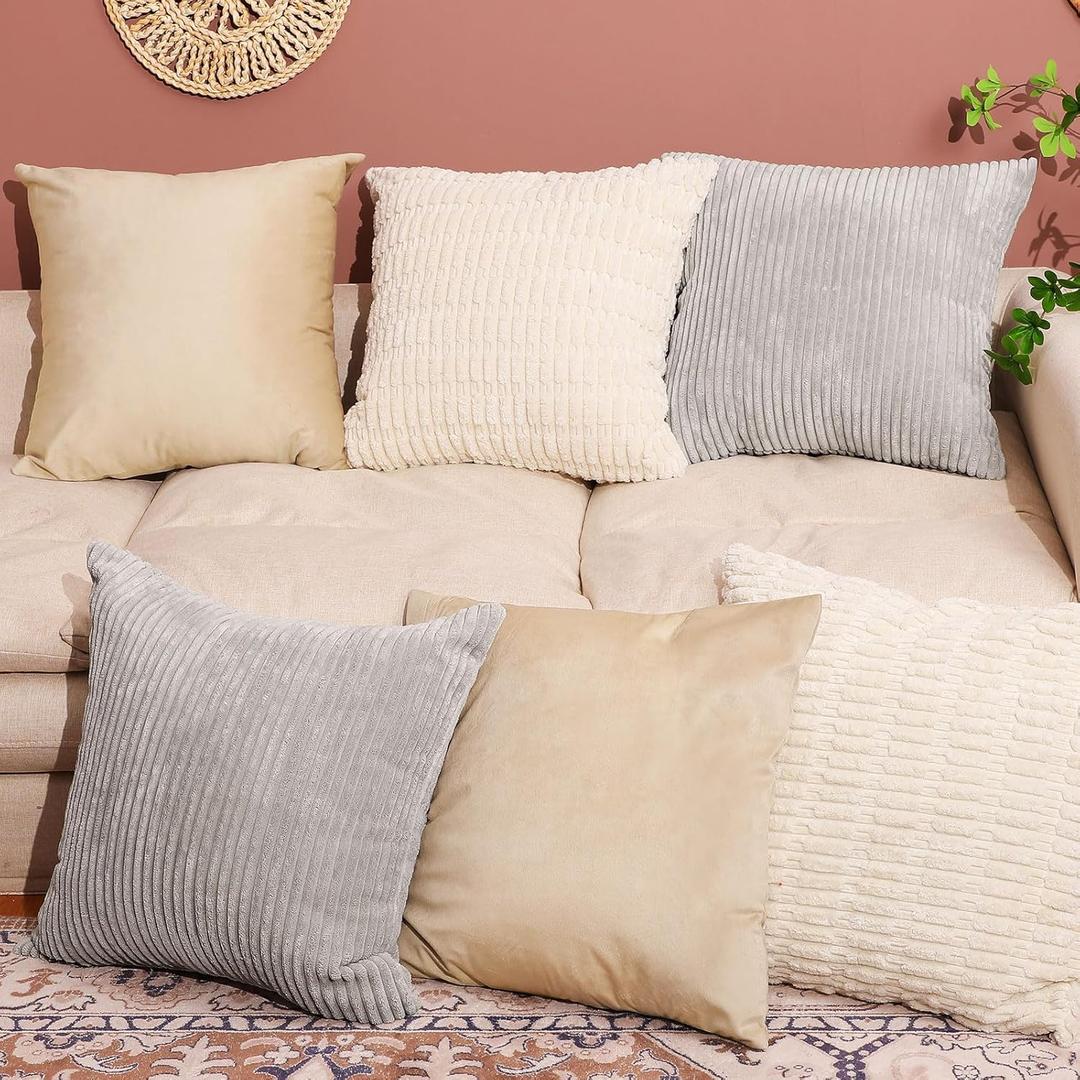 Preboun 6 Pcs 18x18 in Neutral Decorative Throw Pillow Covers Velvet Pillow Cases Boho Neutral Home Decor Soft Plush Striped Corduroy Square Cushion Cover for Couch Bed Sofa Rustic Farmhouse (Cream, Khaki, Gray)