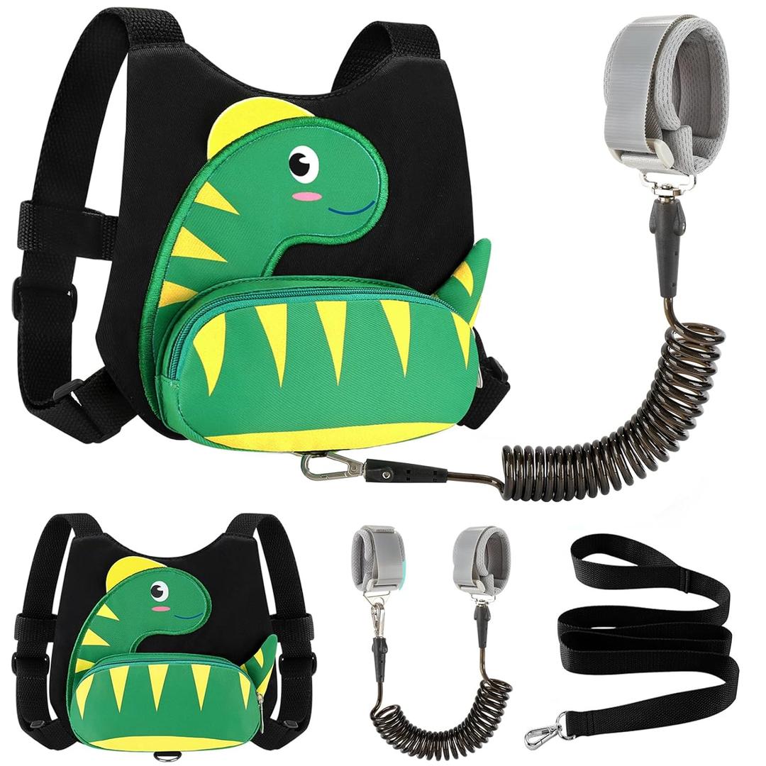 Accmor Toddler Harness Leash + Anti Lost Wrist Link, Cute Dinosaur Kids Harness with Leash, Mini Child Harness Leash Wristband Tether Protector for Baby Boys Girls Age1-3 Years Old to Outdoor Travel (Black/Green Textured Brachiosaurus, Black Link)