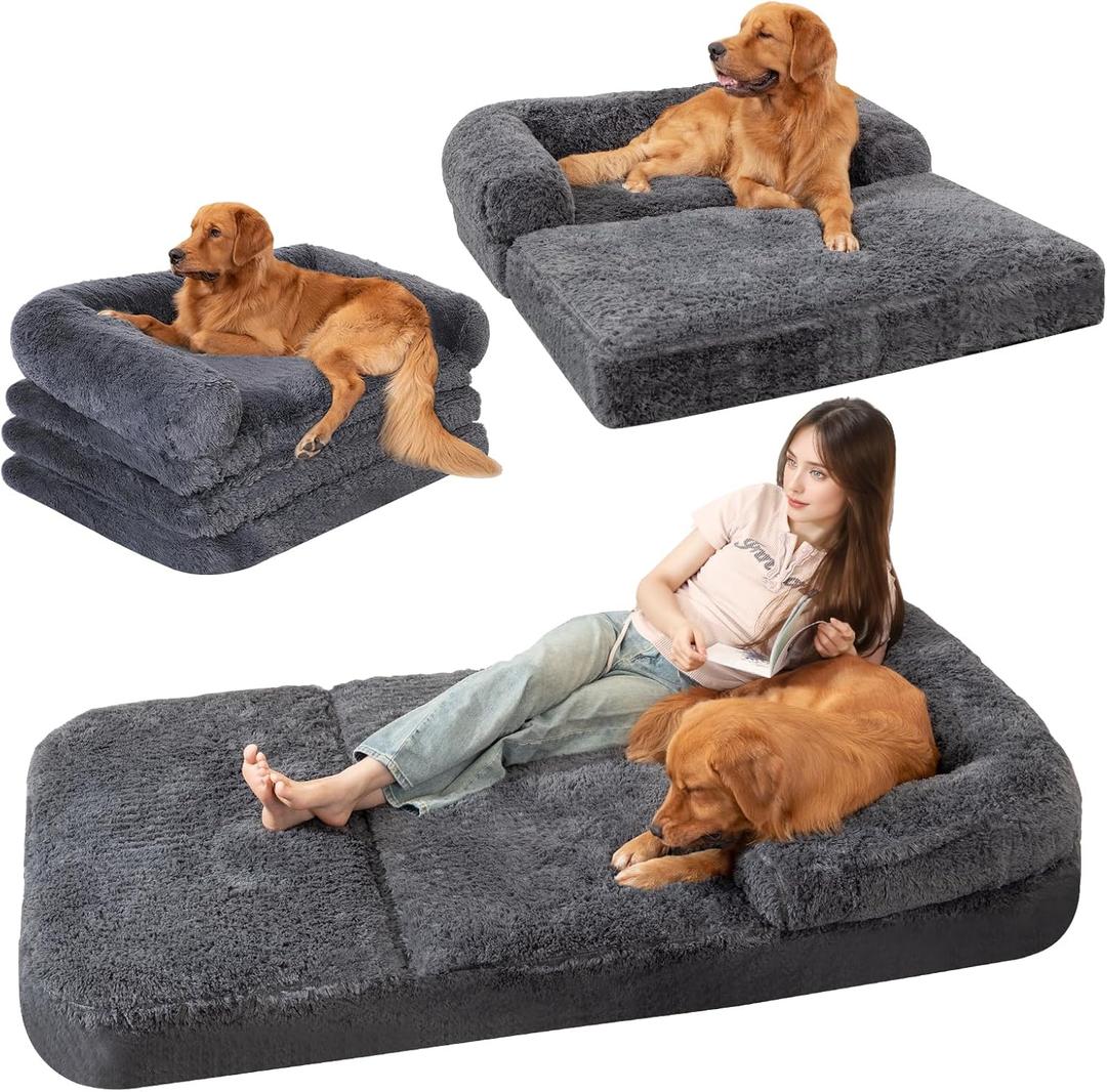 Foldable Human Dog Sofa Bed - 73"x42"x10" Faux Fur Orthopedic Pet Bed with Egg Foam Mattress, Portable Dog Bed for Adults, Camping & Indoor Use