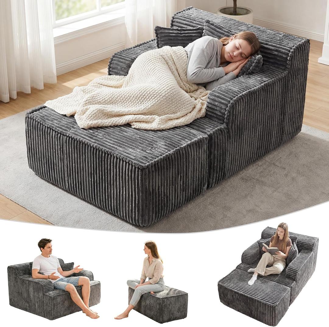 Chaise Lounge Chair Indoor,Boneless Chair with Ottoman,Comfy Reading Chair for Adults,Small Sofa Bed Couch for Living Room,Single Sleeper Chair Bed,Grey, Single Size