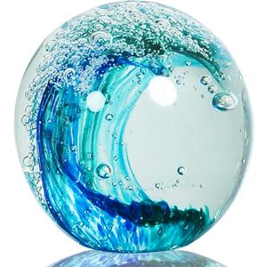 Hand Blown Ocean Wave Glass Ball Unique Gift for Beach LoversBeach Decorations for Home, Sea Glass Paperweight for Coastal Room Decor, Aquarium & Ocean Themed Decorations (Blue)