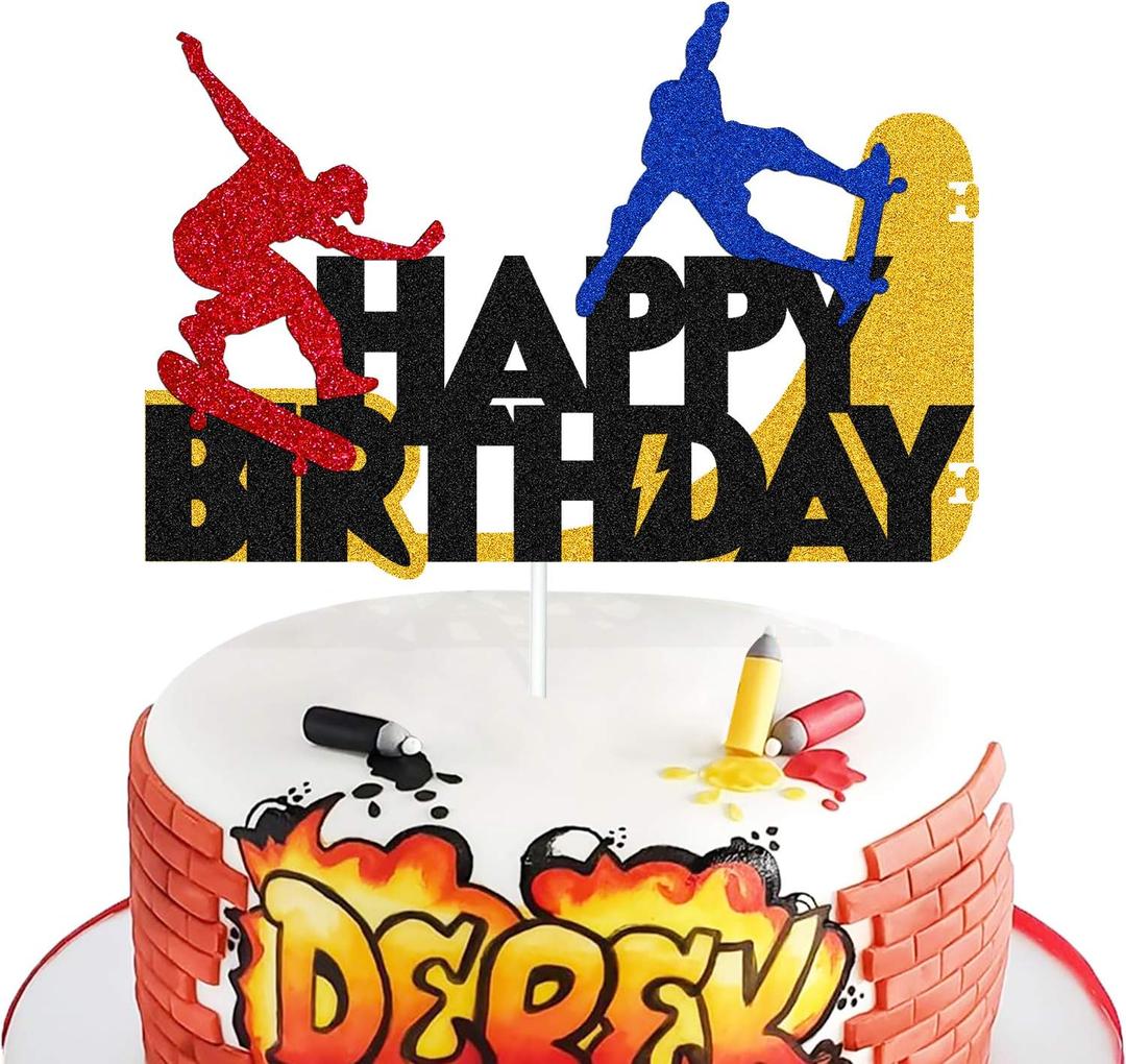 Skateboard Cake Topper Happy Birthday Sign Cake Decorations for Skateboarding Sport Movement Themed Kids Boy Girl Birthday Party Supplies Glitter Black Decor