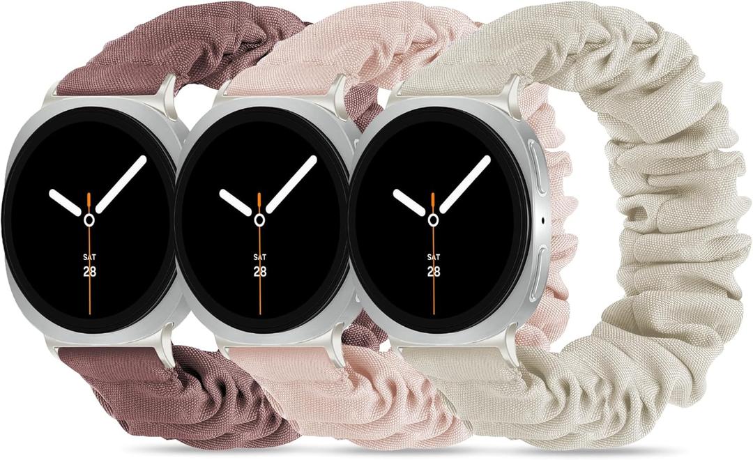 Compatible with Samsung Galaxy Watch 8 Band 40mm 44mm/Galaxy Watch 8 Classic 46mm, Stretchy Scrunchie Cute Elastic Fabric Nylon Bands3-Pack  Women (Small: 5.1"-6.2"(130mm-160mm), 01# Smoky Purple/Pink/Starlight)