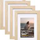 KINLINK 5x7 Picture Frame Natural, Solid Wood Frames with Acrylic Plexiglass for Pictures 3.5x5/4x6 with Mat or 5x7 without Mat, Tabletop and Wall Display Photo Frame, Set of 4
