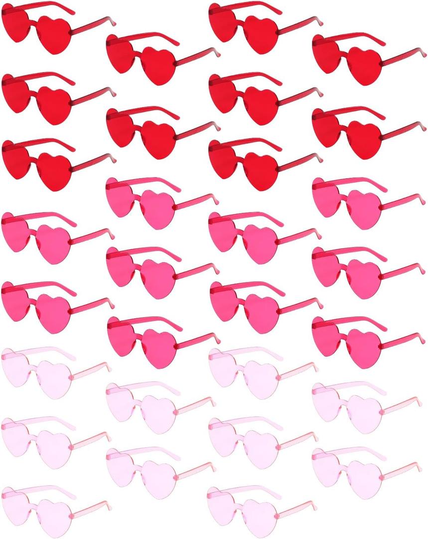 PARSUP 30 Pairs Heart Shaped Rimless Glasses Frameless Heart Sunglasses Transparent Transparent Red/Rose Red/Pink Color Glasses Tinted Eyewear Bachelorette Party Favors Photo Booth Props