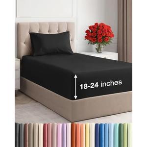 Extra Deep Twin Sheet Set - 3 Piece Breathable & Cooling Bed Sheets - Easily Fits 18 to 24 inch Mattress - Ultra Soft, Wrinkle & Fade Free w/ Extra Deep Pockets - Comfy Hotel Luxury Bedding - Black