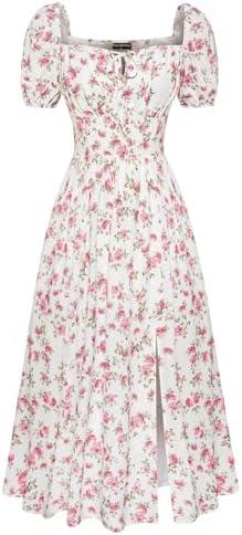 Floral Corset Dress for Women 2025 Summer Flowy Square Neck Milkmaid Dress (White Pink Floral, XXL)