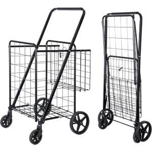 SUPER DEAL Folding Shopping Cart with Wheels and Double Basket for Groceries Laundry Book Luggage Travel, Black