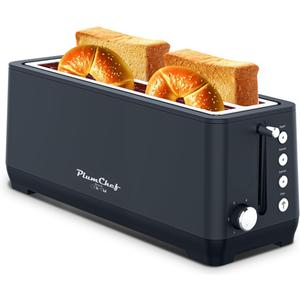 Plum chef 4-Slice Toaster, Extra Wide Long SIot Toaster, 6 Browning Settings, Bagel/Defrost/Reheat Functions, Removable Crumb Tray, Stainless Steel Housing 135oW (Black)