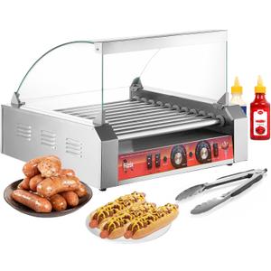 Rodillos de perritos calientes de 1700 W, capacidad de 30 perritos calientes 11 rodillos de acero inoxidable antiadherentes,Mquina de perros calientes con cubierta de polvo, mquina de rodillos para (plateado)