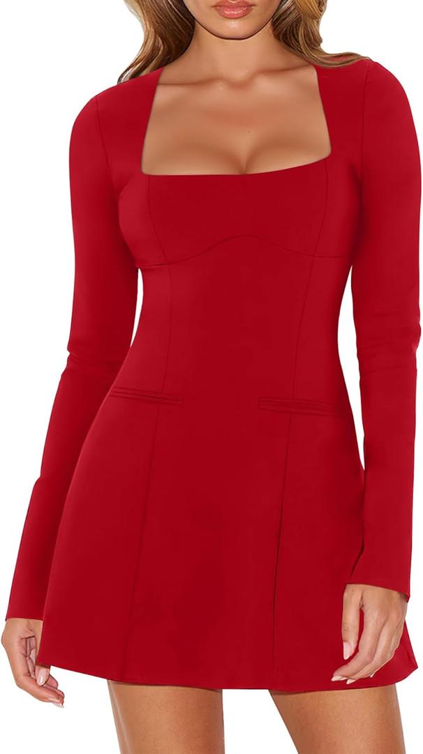 DAAWENXI Women's Casual Square Neck Mini Dress Long Sleeve A line Party Club Short Dress (Red, XL)
