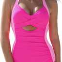 One Piece Swimsuit for Women Vintage Color Block Cutout Criss Cross Ruched Slimming Beach Bathing Suit (Medium, Pink Combo)