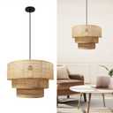 19.7" Modern Rattan Pendant Light, Natural Woven 3-Tier Cylindrical Chandelier, Boho Ceiling Lamp for Dining Room