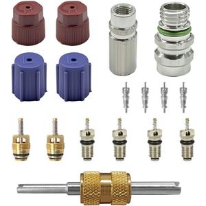 17PCS Car Air Conditioning Valve Core Kit, R12 R134A Teflon Seal Cap Valve Kit with Removal Tool for High Low-Pressure A/C Service Port, Car & HVAC AC Refrigerant Tool (Red)