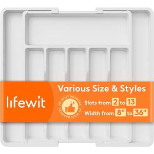 Lifewit Silverware Drawer Organizer, Expandable Utensil Tray for Kitchen, BPA Free Flatware and Cutlery Holder, Adjustable Plastic Storage for Spoons Forks Knives, Large, White