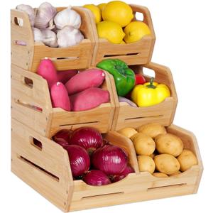 Tfro & Cile Bamboo Potato and Onion Storage Bins Pantry Organizers 3 Tier Stackable Vegetable Baskets Multipurpose Fruit Organization Containers for Kitchen - Set of 5