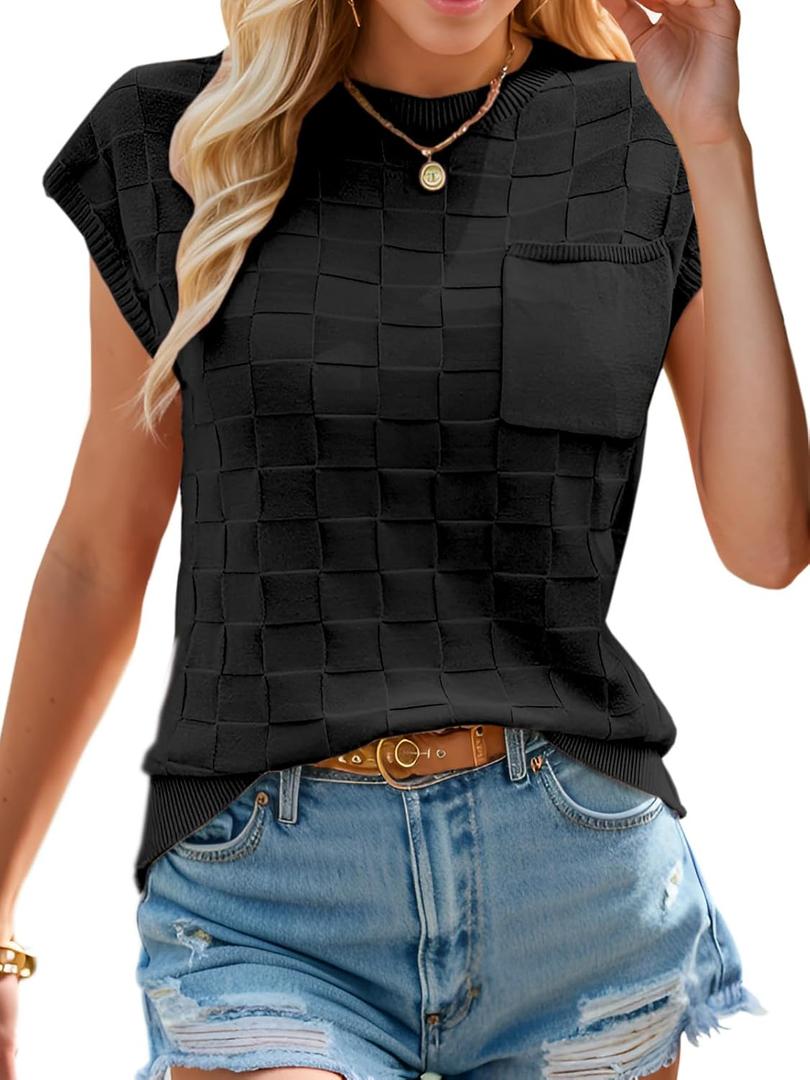 Womens Summer Trendy Shirts Tops 2025 Cap Short Sleeve Sweater Vest Crewneck Checkered Pocket Lightweight Tee Outfits (Small)