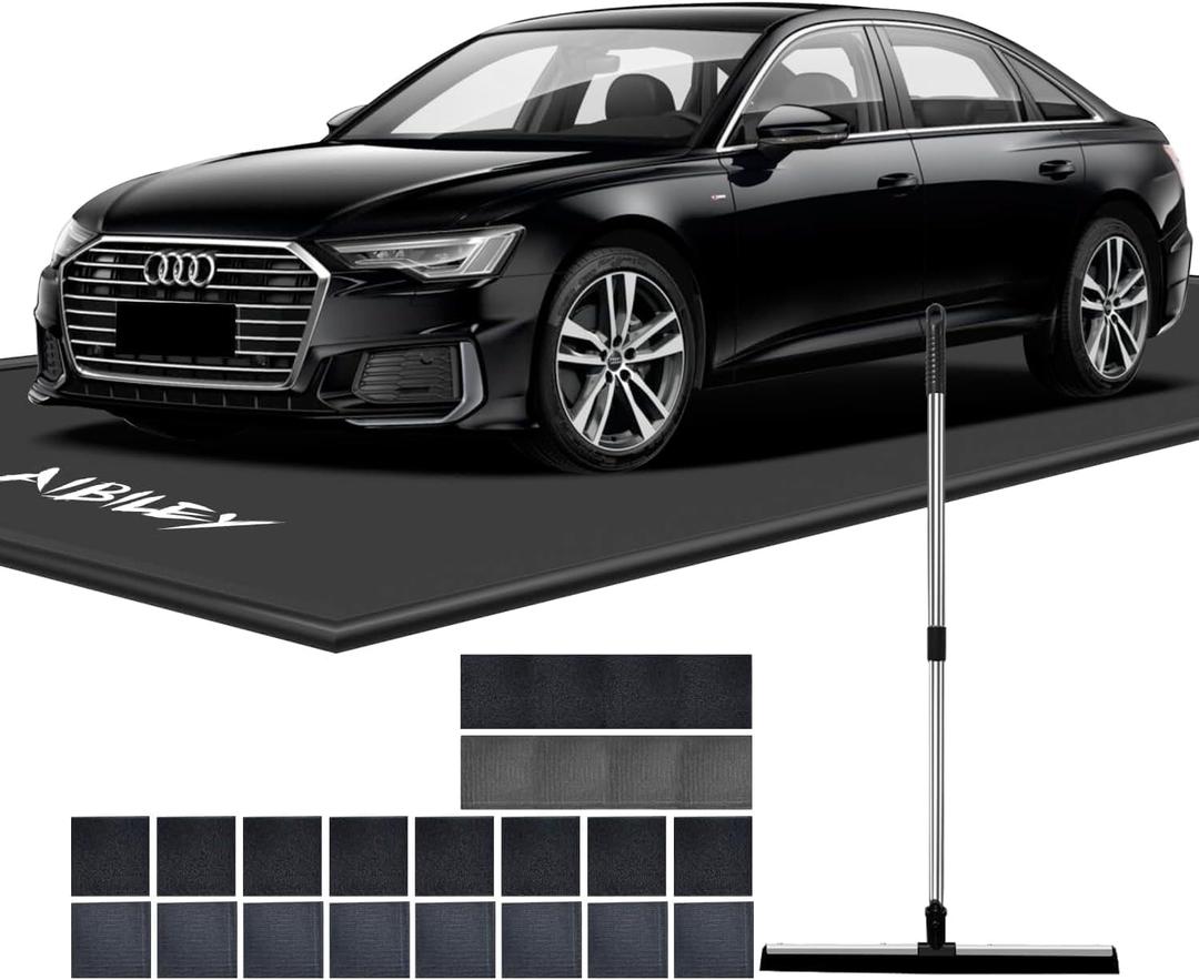 Garage Floor Mats for Under Car,7'9"x18',Non-Slip Garage Flooring Protector Parking Rugs Carpet,Heavy Duty Waterproof Rubber Containment Mat,Protect from Snow,Ice,Oil,Rain,Muds,with Squeegee,Velcro