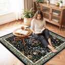 4x4 Square Entry Rug Entryway Foyer: Non-Slip Floral Washable Rugs for Living Room Indoor Floor Kitchen Bedroom - Soft Thin Doormat Carpet Boho Vintage Home Decor (4ft Square, Black)