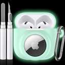 2 in 1 Silicone Case Compatible with AirPod 4 and AirTag 2/1, Shockproof Protective Skin Cover for AirPods 4th Generation with Cleaner Kit & Carabiner (Glow Green)