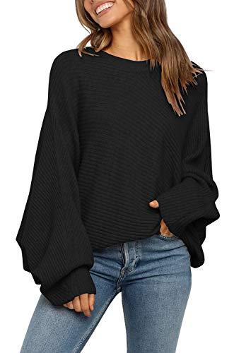 Mafulus Women's Oversized Crewneck Sweater Batwing Puff Long Sleeve Cable Slouchy Pullover Jumper Tops M