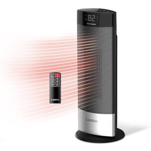 Lasko Ellipse Ceramic Tower Heater for Home with Tipover Switch, Child Lock, Digital Display, Thermostat, Wide Oscillation, Remote, Timer, For Bedroom, Office, Living Room, Den, 1500W, Black, CT18950 (18")