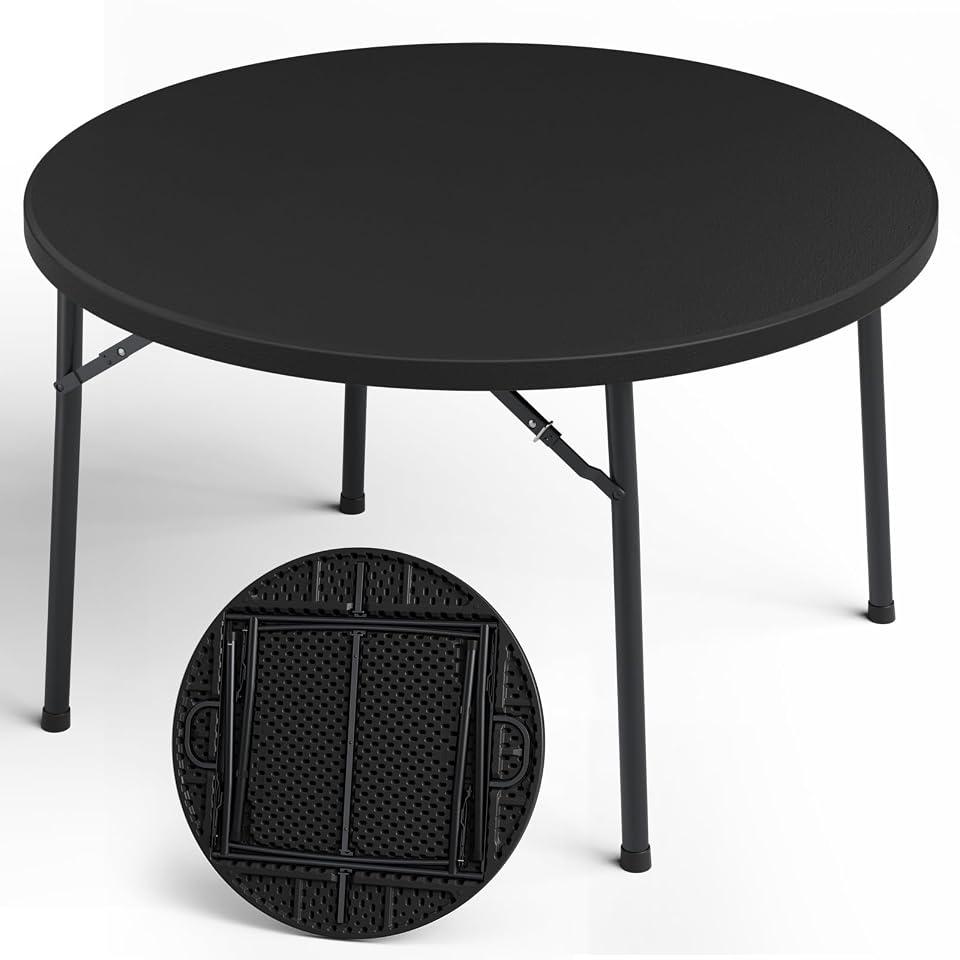 MAKE CHANGES 48" Folding Round Table, Heavy Duty Plastic Commercial Dinner Table with Foldable Steel Legs, Portable Banquet Table for Party, Events, Office, Indoor, Outdoor, Black