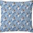 Blue Christmas White Floral Pillow Covers 18x18, Winter Home Decor, Holiday Winter Christmas Botanical Decorative Throw Pillow Covers for Couch Sofa Bedroom Living Room