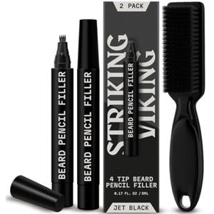 Striking Viking 2 Pack Beard Pencil Filler for Men with 4 Tips (Jet Black) - Fill, Shape & Define with this Long-Lasting, Waterproof Beard Pen Kit not Including Brush