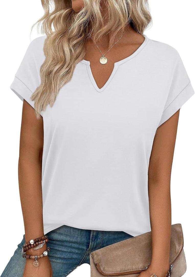 WIHOLL Womens Summer Tops 2026 Cap Short Sleeve Shirts V Neck Tshirts Spring Blouses Beach Vacation Clothes (White, XXL)