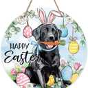 Happy Easter Black Labrador Dog Front Door Sign, Easter Eggs Wood Door Hanger Outdoor Outside Porch Decor, Spring Chick Carrot Wooden Wreath Indoor Wall Hanging Decoration Pet Lover Gift
