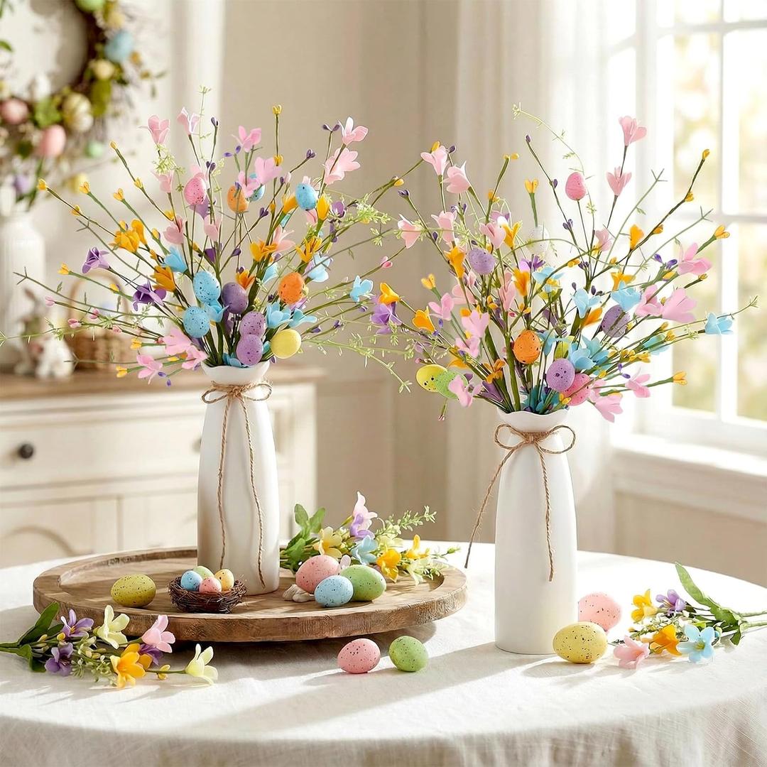 2 Set Easter Decorations Easter Artificial Flowers Berry Picks Stems and Vase Eggs Floral Berry Picks Branches Artificial Eggs Stems Vase Gifts for Bunny Table Centerpiece