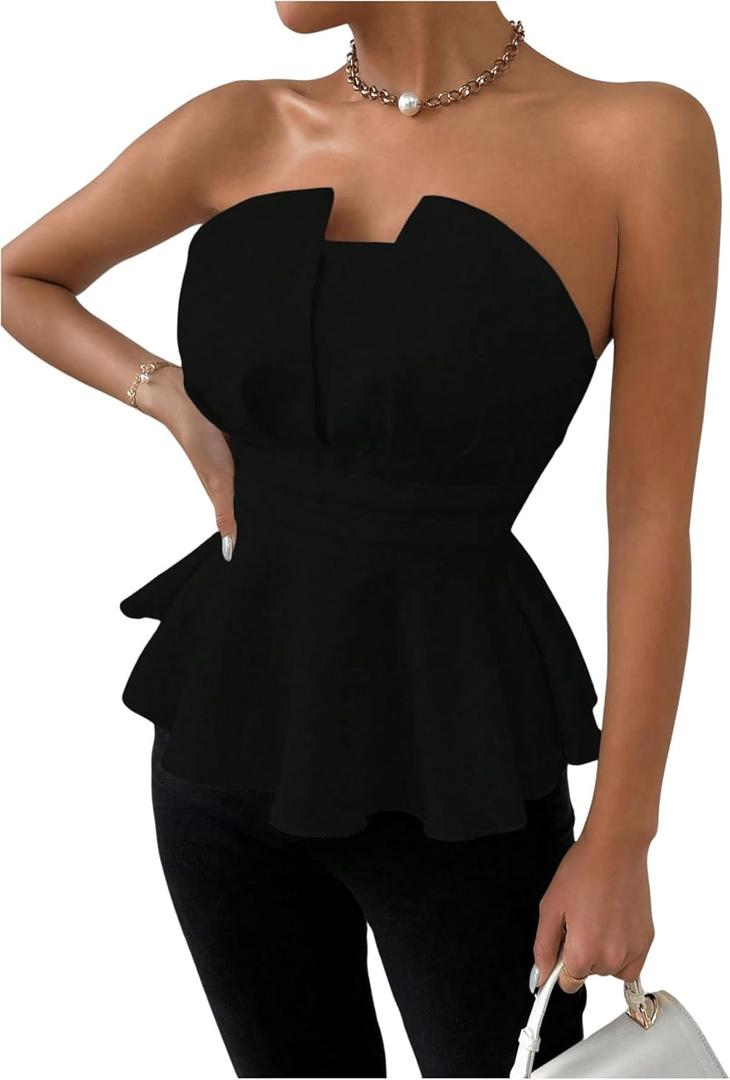 OYOANGLE Women's Strapless Ruffle Tube Top Flared Hem Peplum Bandeau Party Going Out Tops (X-Large, Black)