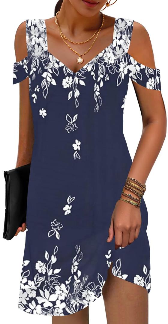 Summer Casual Dresses for Women Sexy Maxi Cold Shoulder T Shirt Dress Tank Mini Dresses, XXL, Floral White