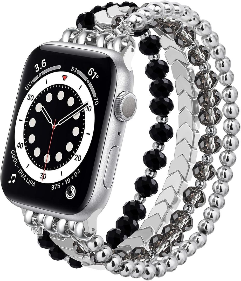 MOFREE Beaded Bracelet Compatible with Apple Watch Band 38mm/40mm/41mm/42mmSeries 10 9/8/7/SE/6/5/4/3/2/1 Women Fashion Handmade Elastic Stretch Strap for iWatch Bands Replacement (Black-Silver)