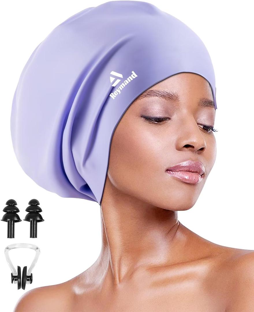 Swim Cap for Long Thick Hair, 3 Size Silicone Swimming Caps for Dreadlocks, Braids, Weaves, Extensions, Curls & Afros, Adult Waterproof Swim Hats Bathing Caps for Women Men (XX-Large, Purple)