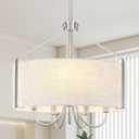 Drum Chandelier for Dining Room, 5-Light Modern Brushed Nickel Chandelier with Linen Shade, 18" Hanging Linen Drum Pendant Ceiling Light Fixture for Entryway, Foyer, Living Room, Kitchen, Bedroom