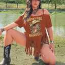 Women's Plus Size Cold Shoulder Fringe Tassel Cowgirl Graphic Short Sleeve Hippie Western T Shirt (XL)