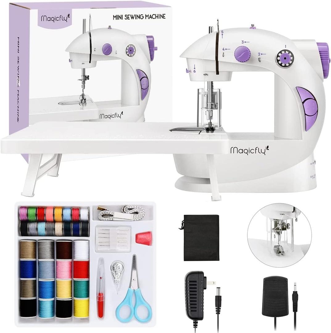 Magicfly Mini Sewing Machine for Beginner, Dual Speed Portable Machine with Extension Table, Light, Sewing Kit for Household, Travel (White)
