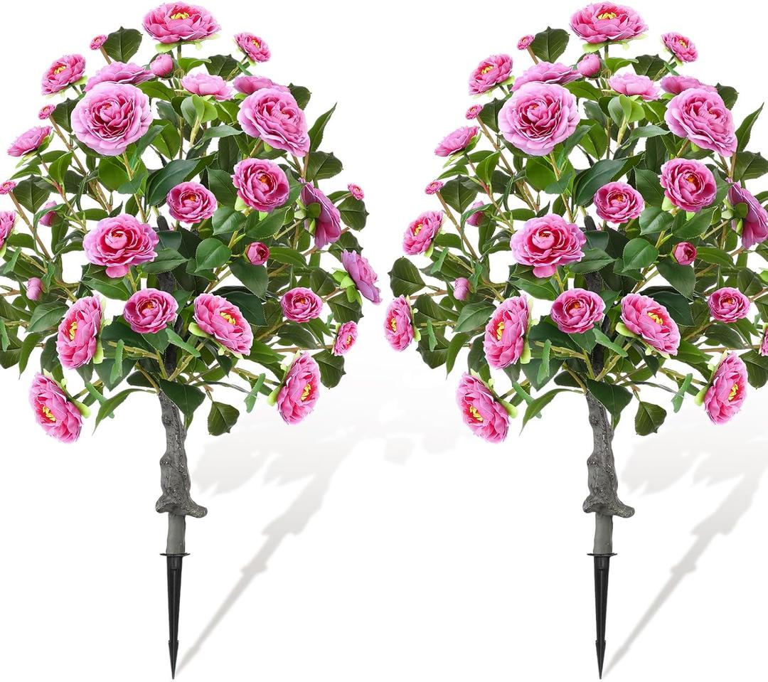 Lunmon 2 Pack 3ft Artificial Camellia Plants Tree 36" Faux Camellia Flower with Spike UV Resistant Realistic Fake Floral Blooming Bush for Indoor Outdoor Front Door Porch Backyard Garden, Purple