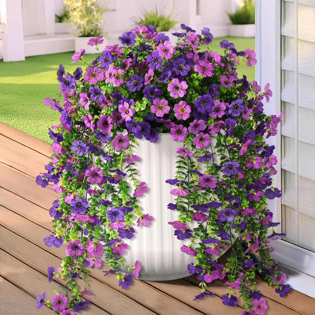 Artificial Hanging Flowers for Outdoors, 2 Pcs Fake Hanging Plant Spring Summer Decor, UV Resistant No Fade Faux Flower for Front Door Porch Planter Patio Yard Garden(Double Purple)