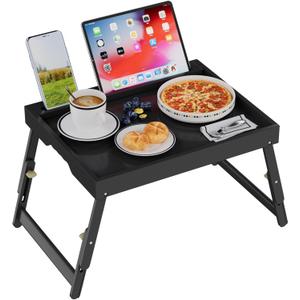 Artmeer Bed Tray Table with Folding Legs, Bamboo Breakfast Food Tray with Media Slot, Use As Platter, Laptop Desk, Snack, TV Tray Kitchen Serving Tray (Black Large Adjustable Legs)