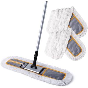 CLEANHOME 24" Commercial Dust Mop for Floor Cleaning, Heavy Duty Sweeper Broom with 2 Microfiber Mop Pads, Wet and Dry Duster Sweeper Broom for Marble, Laminate, Hardwood Floor Cleaning ,Grey