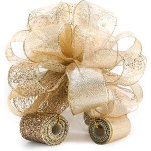 Christmas Tree Topper Bow - Bow: 11" sq. - Tails: 3 Yards Long Each - Champagne Snowflake