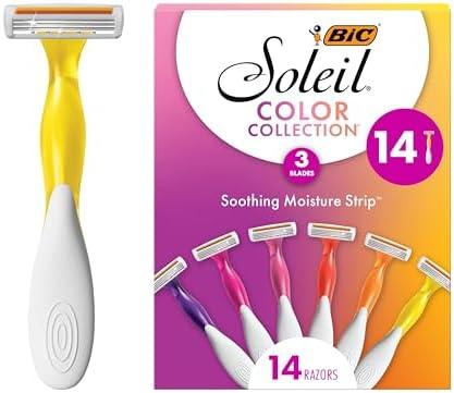 Pack of 2, BIC Soleil 3 Colors Women's Disposable with 3 Blade Razors, Aloe Vera and Vitamin E Lubricating Strip for Enhanced Glide, 14-Pack, Stocking Stuffers for Women